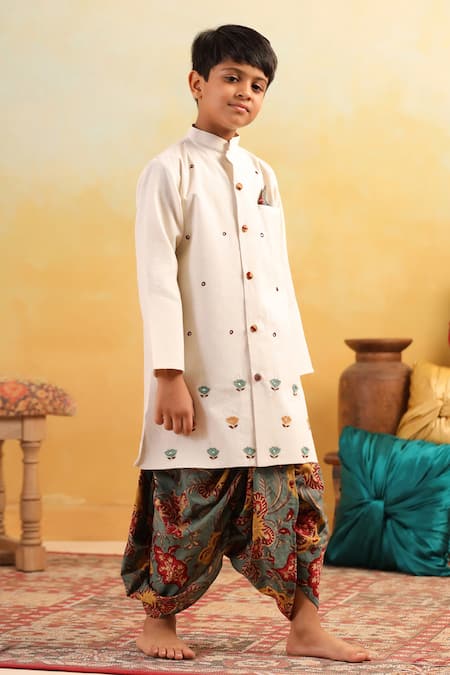 Shop_Cute Couture_Beige Cotton Embroidery, Mirrors Work Kurta With Dhoti Pant _Online_at_Aza_Fashions