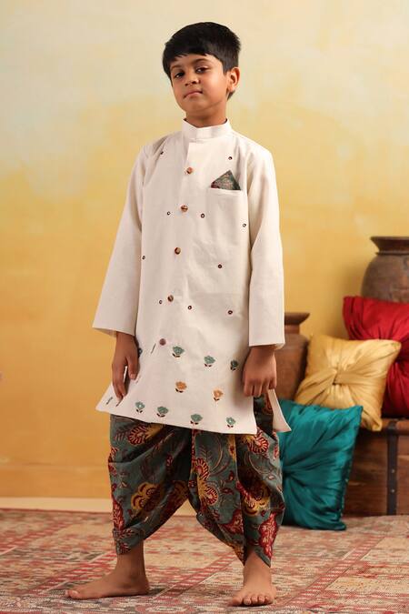 Cute Couture_Beige Cotton Embroidery, Mirrors Work Kurta With Dhoti Pant _at_Aza_Fashions