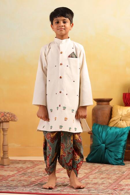 Buy_Cute Couture_Beige Cotton Embroidery, Mirrors Work Kurta With Dhoti Pant 