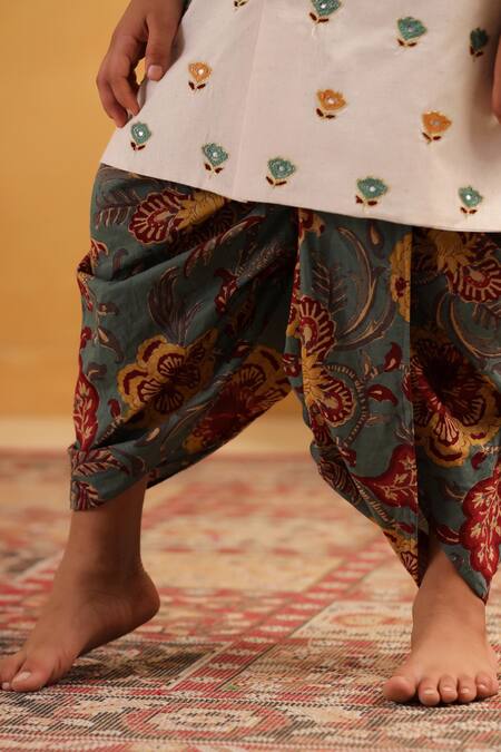 Shop_Cute Couture_Beige Cotton Embroidery, Mirrors Work Kurta With Dhoti Pant 