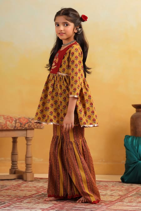 Shop_Cute Couture_Mustard Cotton Embroidery, Lace Floral Pattern Kurta With Sharara _Online_at_Aza_Fashions