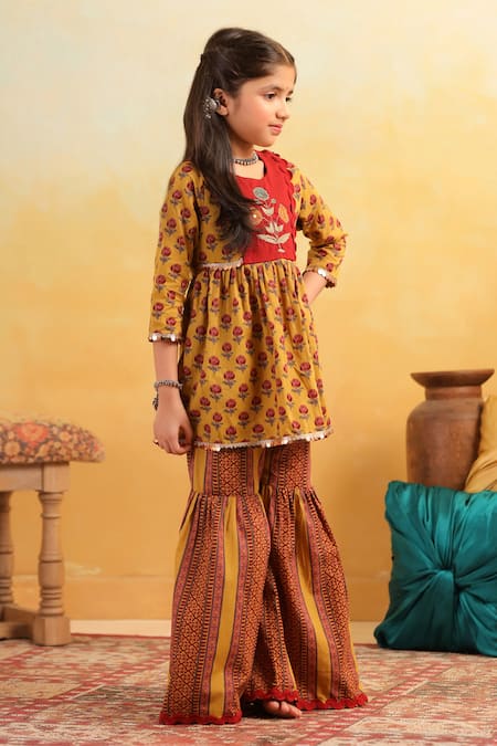 Cute Couture_Mustard Cotton Embroidery, Lace Floral Pattern Kurta With Sharara _at_Aza_Fashions
