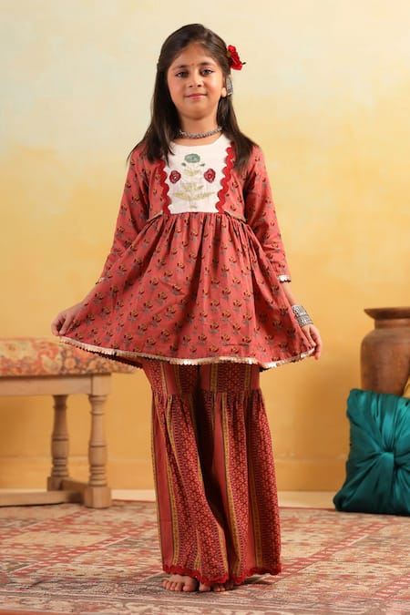 Cute Couture Peach Cotton Embroidery, Lace Floral Pattern Kurta With Sharara 