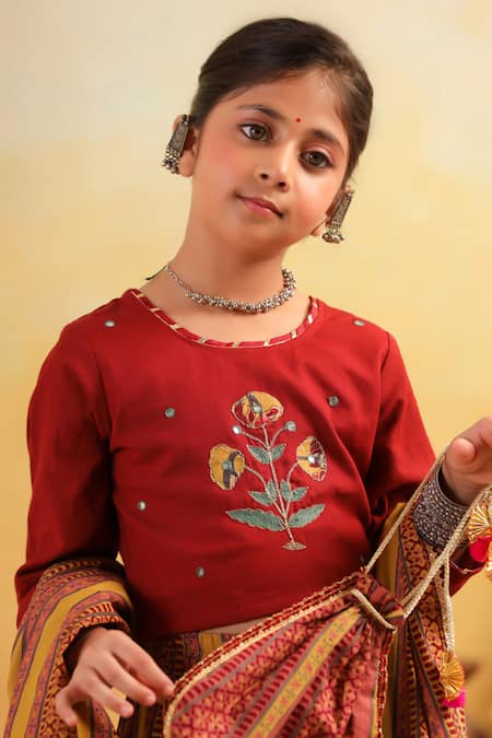 Cute Couture_Maroon Cotton Embroidery, Mirrors Floral Pattern Blouse And Lehenga Set _Online_at_Aza_Fashions
