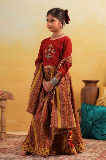 Shop_Cute Couture_Maroon Cotton Embroidery, Mirrors Floral Pattern Blouse And Lehenga Set _Online_at_Aza_Fashions