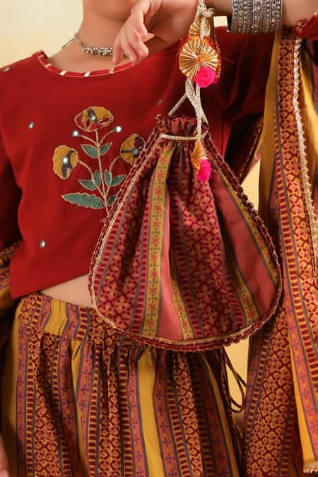 Cute Couture_Maroon Cotton Embroidery, Mirrors Floral Pattern Blouse And Lehenga Set _at_Aza_Fashions