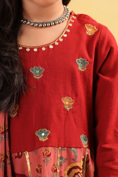 Buy_Cute Couture_Maroon Cotton Embroidery, Mirrors, Gota Patti Floral Pattern Kurta Set 