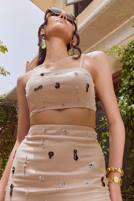 House Of Eda_Beige Linen Beads, Embroidery Bandeau Neck Amaya Top With Skirt _Online_at_Aza_Fashions
