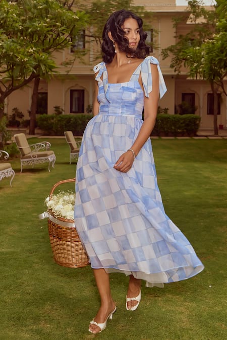 Shop_House Of Eda_Blue Nylon Square Neck Leanne Chequered Dress _Online_at_Aza_Fashions