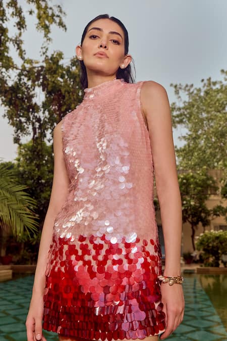 House Of Eda_Pink Nylon Sequins High Neck Dylyn Embellished Dress _Online_at_Aza_Fashions