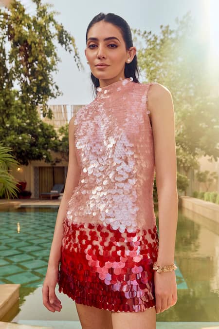 Buy_House Of Eda_Pink Nylon Sequins High Neck Dylyn Embellished Dress _Online_at_Aza_Fashions