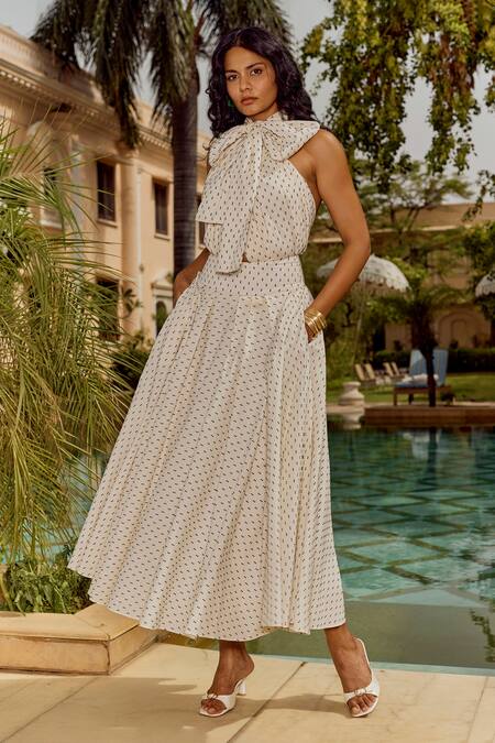 House Of Eda_Ivory Cotton Halter Neck Delina Geometric Pattern Dress _at_Aza_Fashions