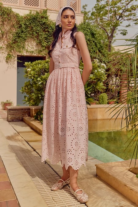 Shop_House Of Eda_Pink Cotton Cut Work, Buckles Collared, Button-down Renne Floral Pattern Dress _Online_at_Aza_Fashions