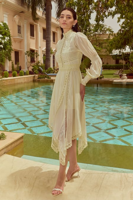 House Of Eda_Yellow Cotton, Silk Embroidery, Lace, Piping High Neck, Mandarin Sabrina Dress _Online_at_Aza_Fashions