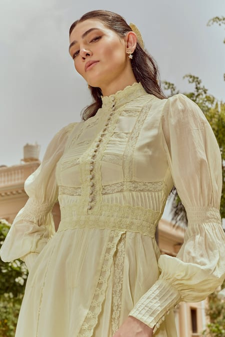 Shop_House Of Eda_Yellow Cotton, Silk Embroidery, Lace, Piping High Neck, Mandarin Sabrina Dress _Online_at_Aza_Fashions