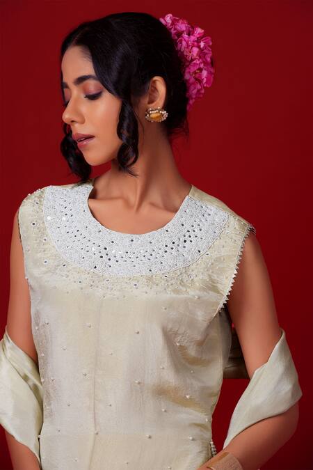 Label Niyami_Ivory Tissue Embroidery, Mirrors, Pearls Round Neck Hand Kurta Set _Online_at_Aza_Fashions
