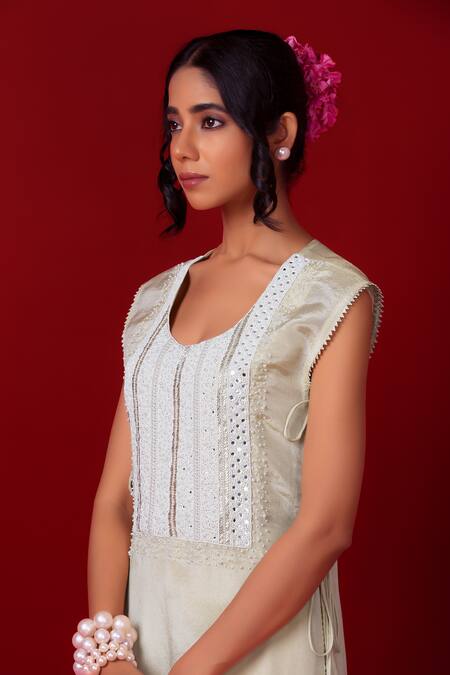 Label Niyami_Ivory Tissue, Shantoon Embroidery, Mirrors Round Hand Jacket And Sharara Set _Online_at_Aza_Fashions