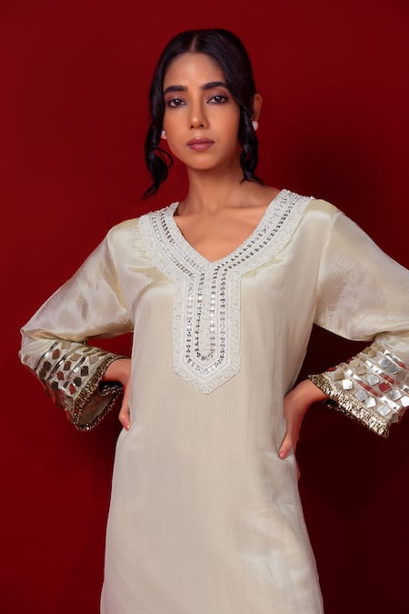 Label Niyami_Ivory Tissue Embroidery, Mirrors V-neck Hand Kaftan _Online_at_Aza_Fashions