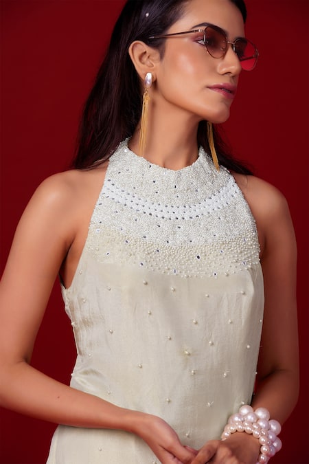 Label Niyami_Ivory Tissue Beads, Mirrors, Embroidery Halter Neck Hand Kurta With Pant _Online_at_Aza_Fashions