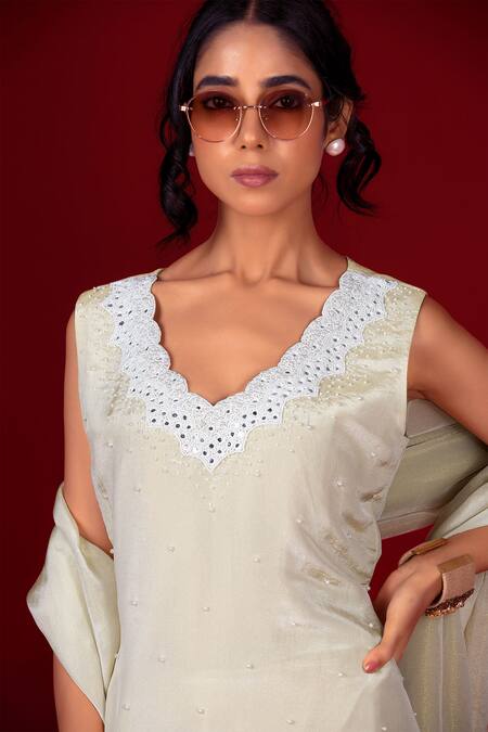 Label Niyami_Ivory Tissue Embroidery, Mirrors, Beads, Gota Patti Kurta And Farshi Salwar Set _Online_at_Aza_Fashions