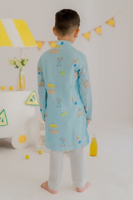 Shop MR Brat Sky Blue Muslin, Cotton Carnival Print Kurta With Pyjama at Aza Fashions Shop_MR Brat_Sky Blue Muslin, Cotton Carnival Print Kurta With Pyjama _at_Aza_Fashions