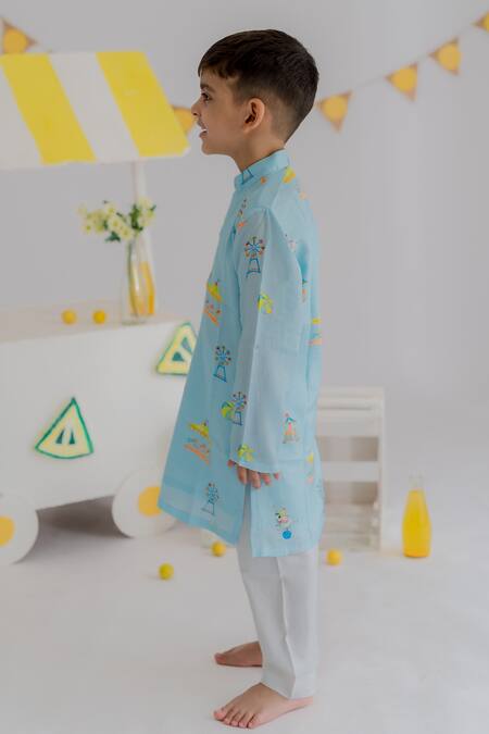 Buy MR Brat Sky Blue Muslin, Cotton Carnival Print Kurta With Pyjama Online at Aza Fashions Buy_MR Brat_Sky Blue Muslin, Cotton Carnival Print Kurta With Pyjama _Online_at_Aza_Fashions