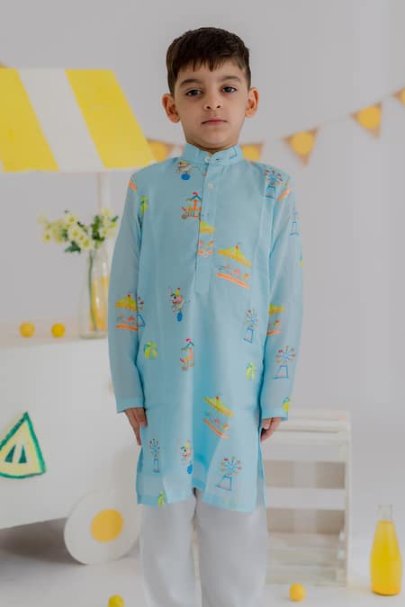 MR Brat Sky Blue Muslin, Cotton Carnival Print Kurta With Pyjama 