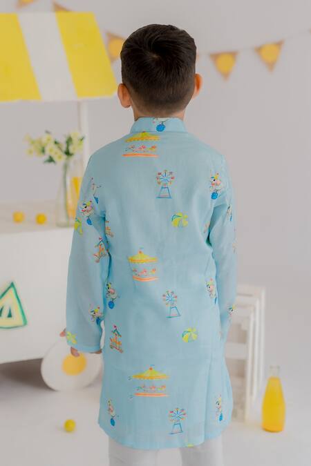 Shop MR Brat Sky Blue Muslin, Cotton Carnival Print Kurta With Pyjama Online at Aza Fashions Shop_MR Brat_Sky Blue Muslin, Cotton Carnival Print Kurta With Pyjama _Online_at_Aza_Fashions