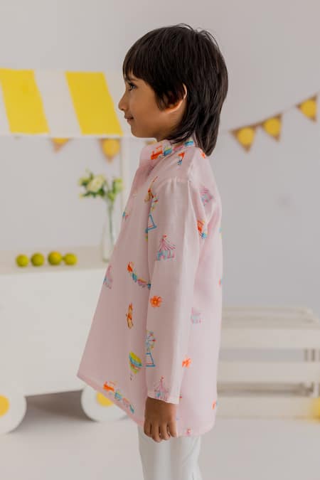 Buy_MR Brat_Pink Muslin, Cotton Carnival Print Kurta With Pyjama _Online_at_Aza_Fashions