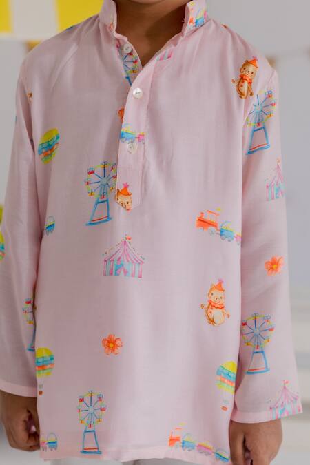 Shop_MR Brat_Pink Muslin, Cotton Carnival Print Kurta With Pyjama _Online_at_Aza_Fashions