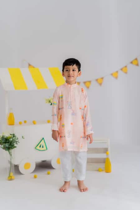 Shop_MR Brat_Peach Muslin, Cotton Carnival Print Kurta With Pyjama _Online_at_Aza_Fashions