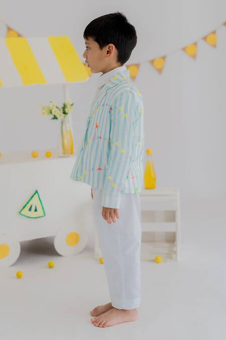 MR Brat_Blue Muslin, Cotton Embroidery Stripes Carnival Blazer Set _Online_at_Aza_Fashions