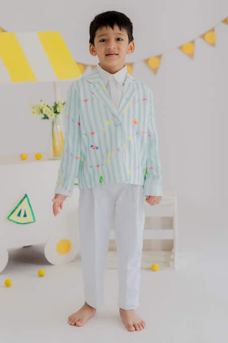 MR Brat Blue Muslin, Cotton Embroidery Stripes Carnival Blazer Set 