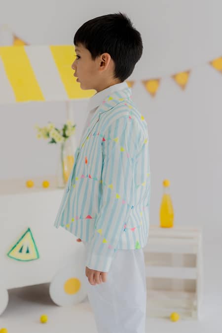 Shop_MR Brat_Blue Muslin, Cotton Embroidery Stripes Carnival Blazer Set _Online_at_Aza_Fashions