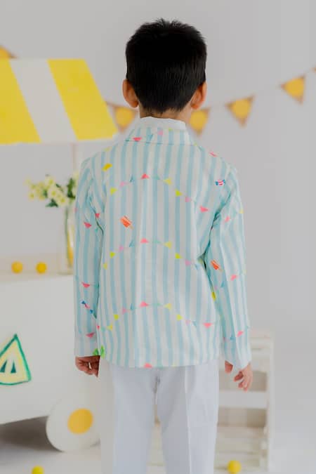MR Brat_Blue Muslin, Cotton Embroidery Stripes Carnival Blazer Set _at_Aza_Fashions