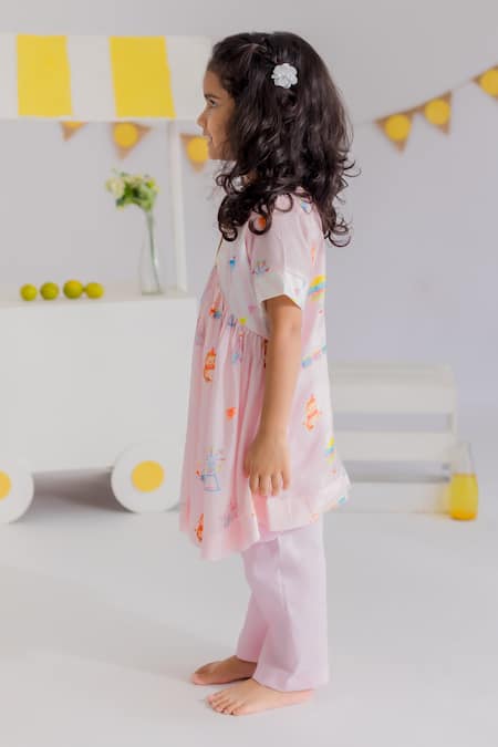 MR Brat_Pink Muslin, Cotton Carnival Print Kurta And Pant Set _Online_at_Aza_Fashions
