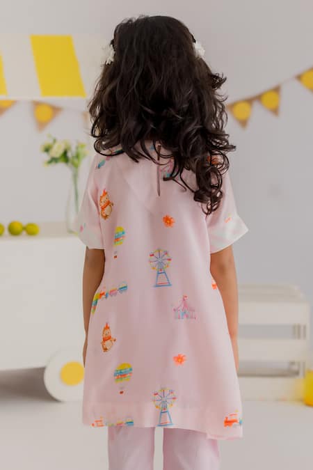 Buy_MR Brat_Pink Muslin, Cotton Carnival Print Kurta And Pant Set _Online_at_Aza_Fashions