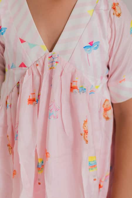 Shop_MR Brat_Pink Muslin, Cotton Carnival Print Kurta And Pant Set _Online_at_Aza_Fashions