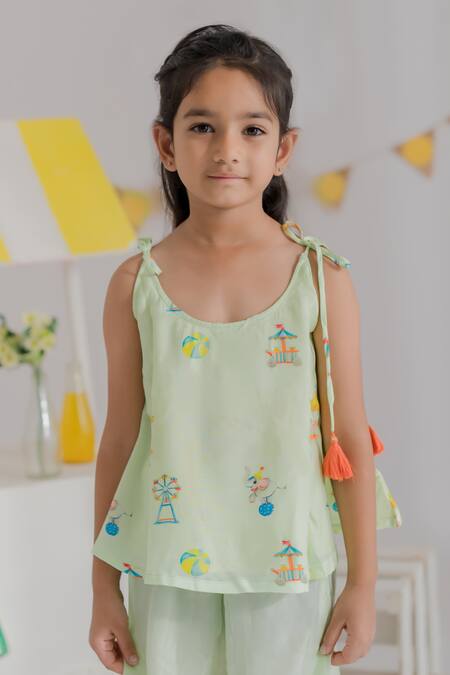 Buy_MR Brat_Green Cotton Tassels Carnival Print Kurta With Sharara _Online_at_Aza_Fashions