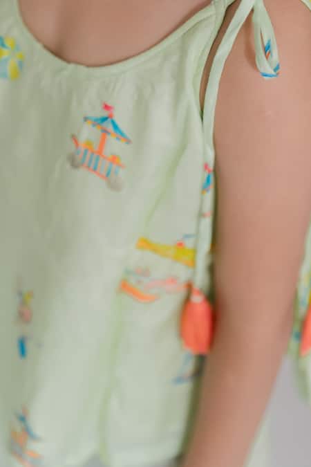 Shop_MR Brat_Green Cotton Tassels Carnival Print Kurta With Sharara _Online_at_Aza_Fashions