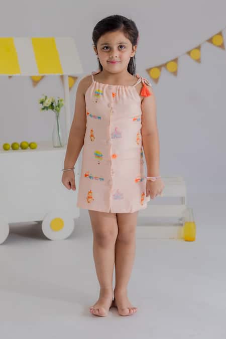MR Brat Peach Cotton Tassels Carnival Print Dress 