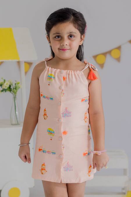 MR Brat_Peach Cotton Tassels Carnival Print Dress _Online_at_Aza_Fashions