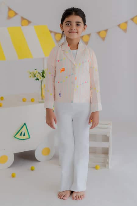 MR Brat Peach Muslin, Cotton Carnival Print Blazer And Pant Set 