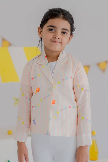 MR Brat_Peach Muslin, Cotton Carnival Print Blazer And Pant Set _at_Aza_Fashions