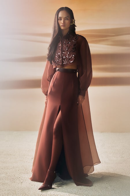 Pankaj & Nidhi Brown Silk, Organza, Tulle, Crepe Sequins, Araquis Cinnamon Haze Yoke Set 
