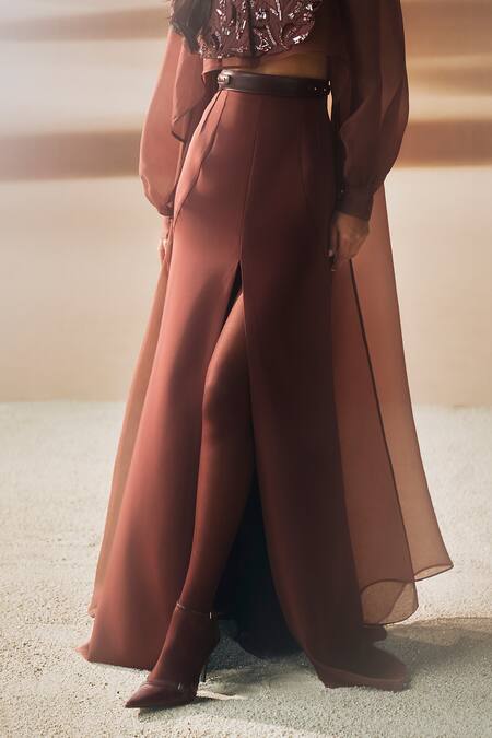 Buy_Pankaj & Nidhi_Brown Silk, Organza, Tulle, Crepe Sequins, Araquis Cinnamon Haze Yoke Set _Online_at_Aza_Fashions