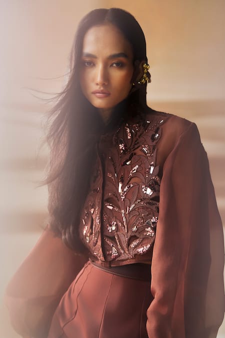 Pankaj & Nidhi Brown Tulle Sequins, Embroidery Mandarin Collar Araquis Cinnamon Haze Yoke Online at Aza Fashions Pankaj & Nidhi_Brown Tulle Sequins, Embroidery Mandarin Collar Araquis Cinnamon Haze Yoke _Online_at_Aza_Fashions