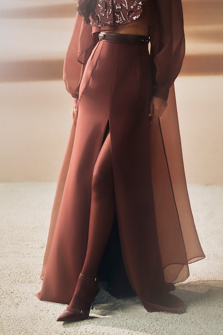 Buy Pankaj & Nidhi Brown Tulle Sequins, Embroidery Mandarin Collar Araquis Cinnamon Haze Yoke Online at Aza Fashions Buy_Pankaj & Nidhi_Brown Tulle Sequins, Embroidery Mandarin Collar Araquis Cinnamon Haze Yoke _Online_at_Aza_Fashions