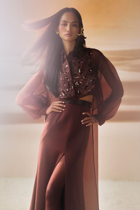 Pankaj & Nidhi_Brown Silk Organza Embroidery, Sequins Mandarin Araquis Cinnamon Haze Shirt _Online_at_Aza_Fashions