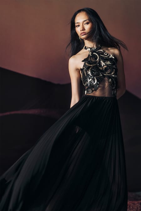 Pankaj & Nidhi Black Tulle, Chiffon Sequins, Embroidery Halter Neck Araquis Sirocco Ember Dress Online at Aza Fashions Pankaj & Nidhi_Black Tulle, Chiffon Sequins, Embroidery Halter Neck Araquis Sirocco Ember Dress _Online_at_Aza_Fashions